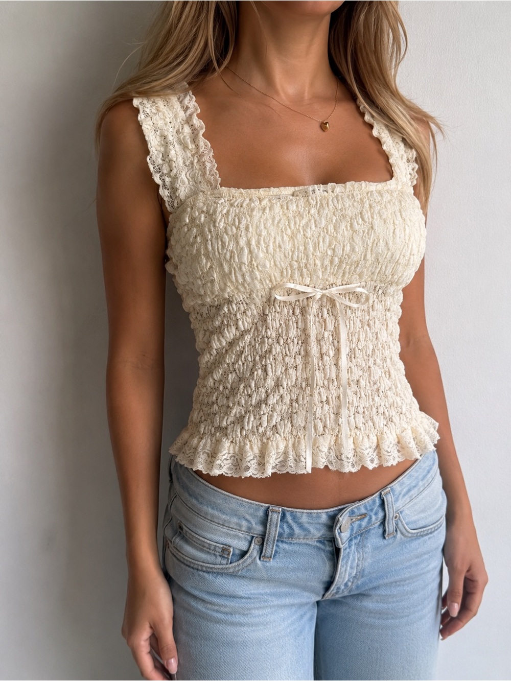 Moa Moa Cream Lace Smocked Tank Top Medium Cottagecore Y2K Fairy Top